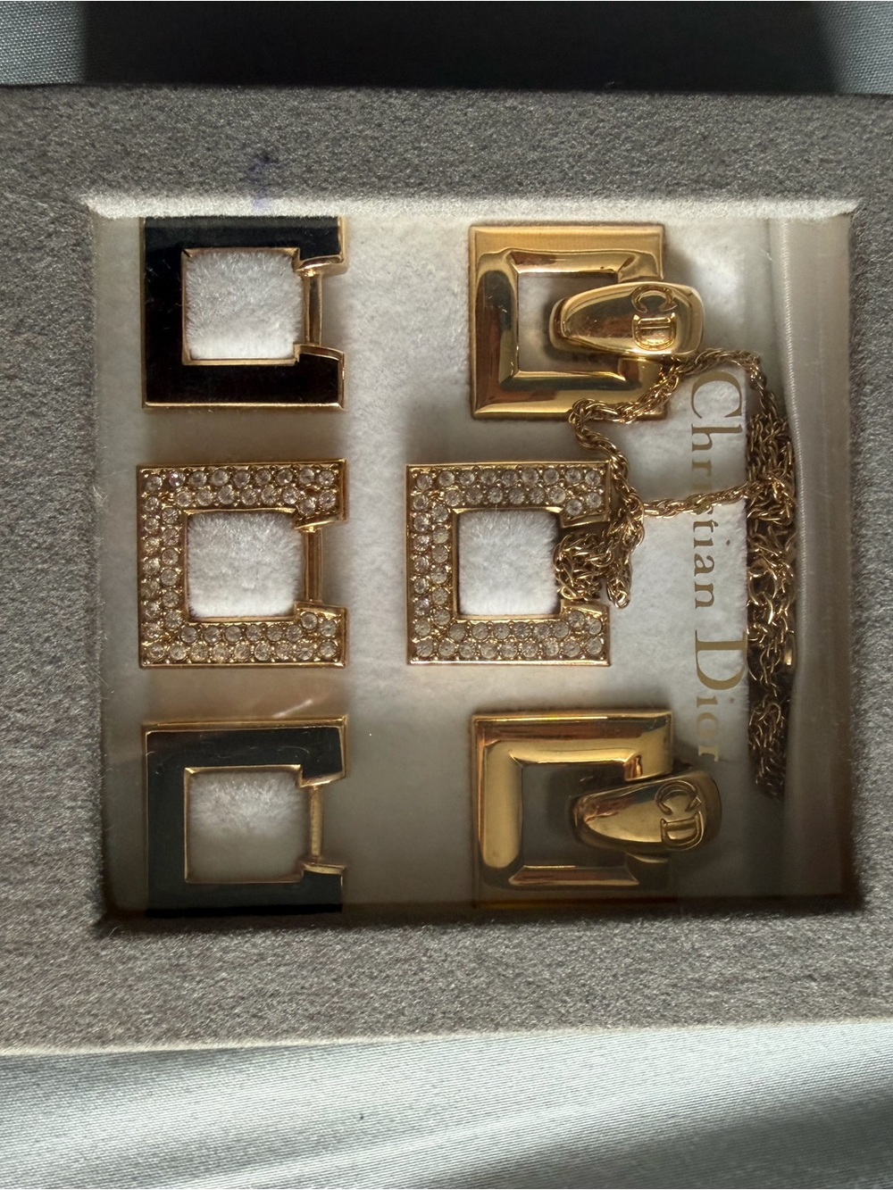 Dior Gold and Clear Crystal Square Charm Earring & Necklace Set